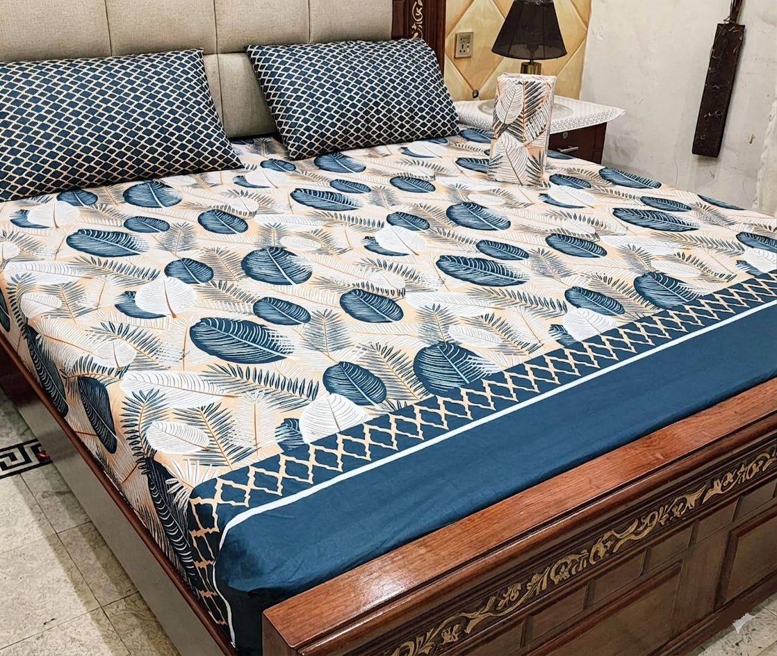 Navy & Beige Leaf Print Cotton Bedspread - 3pc