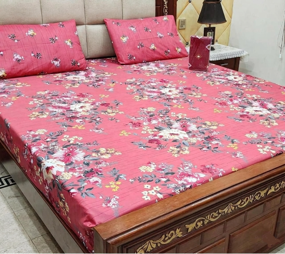 Bright Pink Floral Bedspread with Cherry Blossom Print – 3-Piece Cotton Set