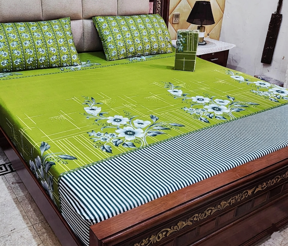 Bright Green Floral Bedspread with Linear Stripe Detail – 3 Piece Cotton Set