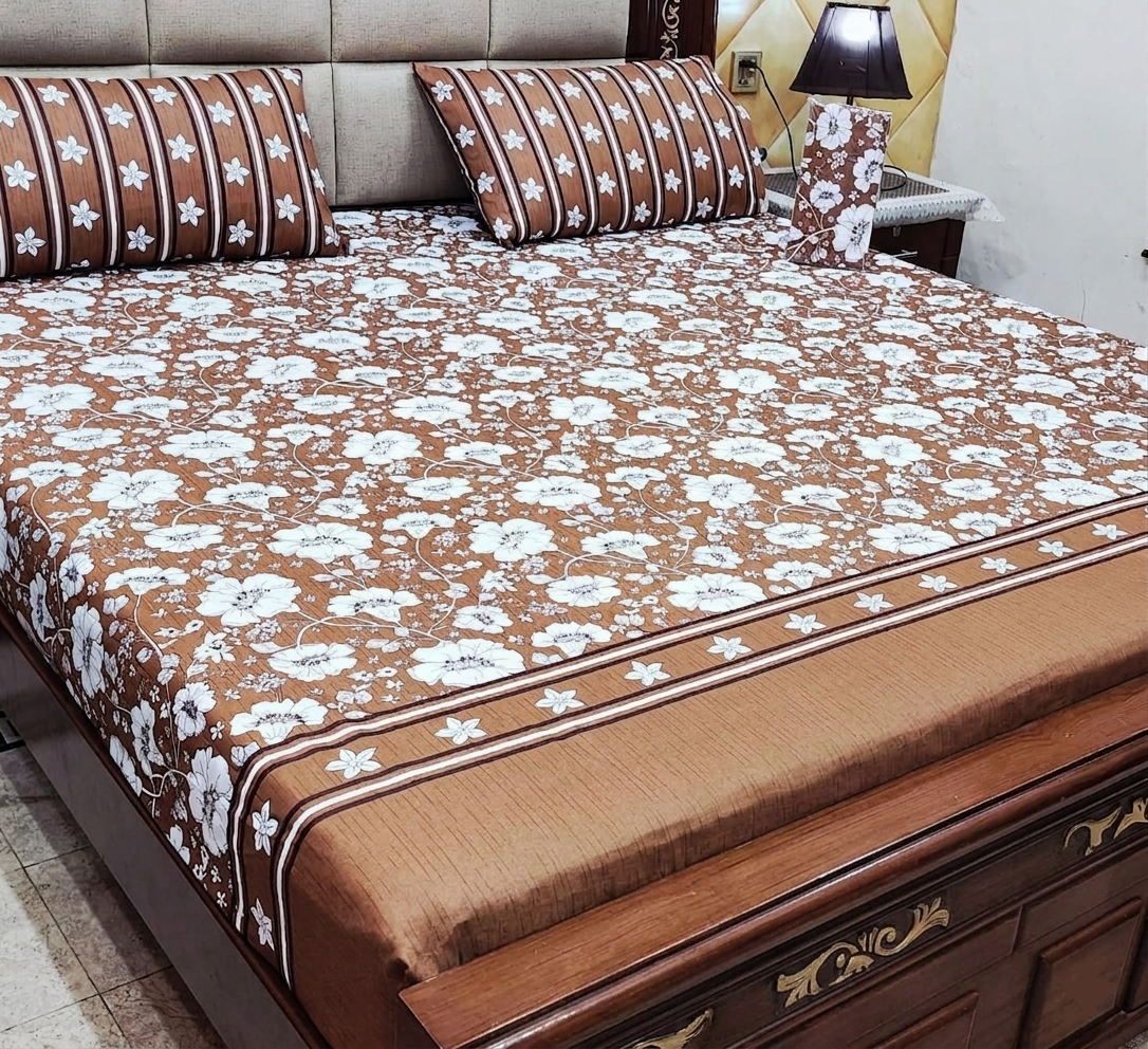 Tan Brown Floral Bedspread with Striped Flower Pillows - 3pc