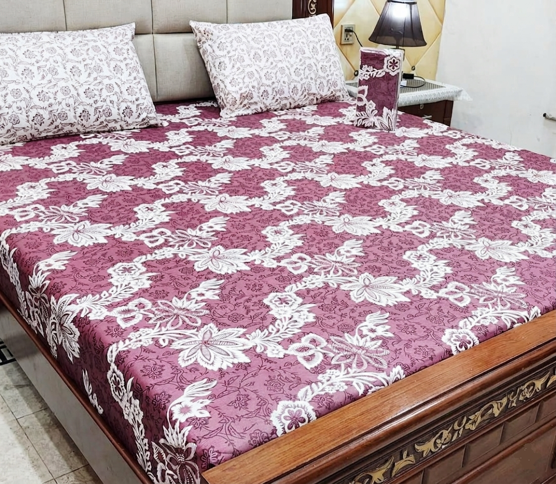 Royal Plum & Ivory Floral Signature Sheet Set - 3pc cotton