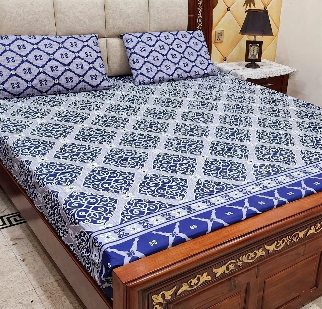 Blue Geometric Bedspread with Decorative Border -3pc