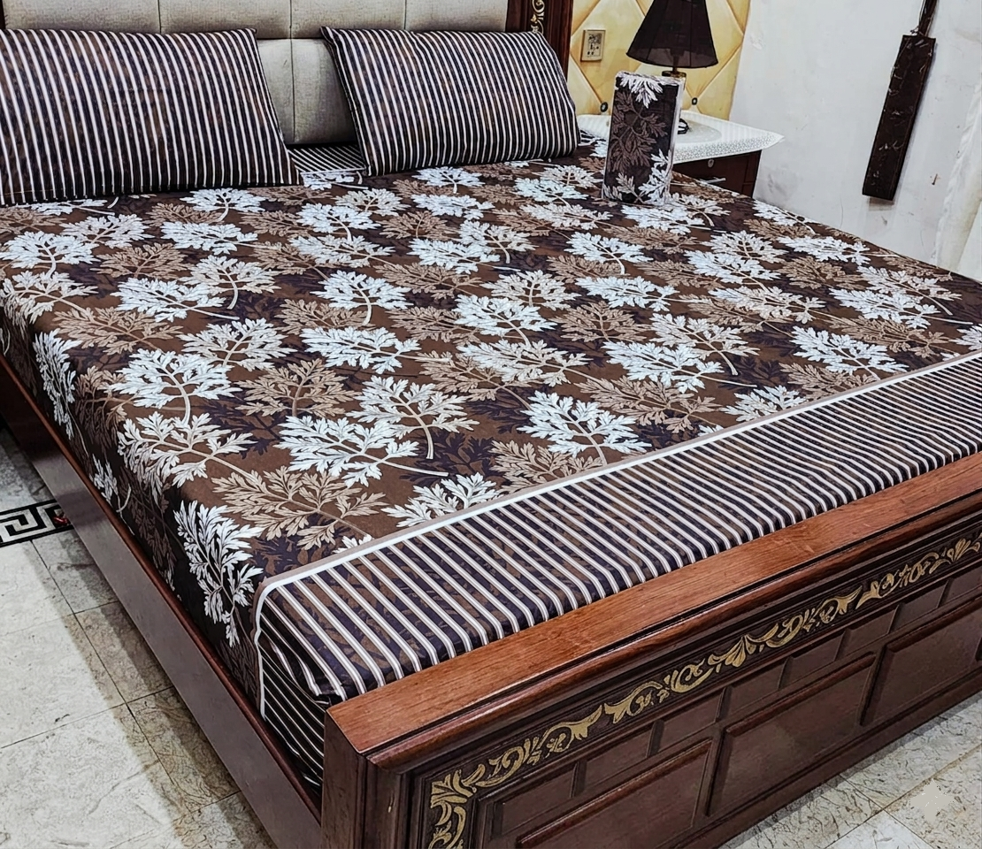 Dark Brown Floral Bedspread with Striped Border – 3 Piece Cotton Set