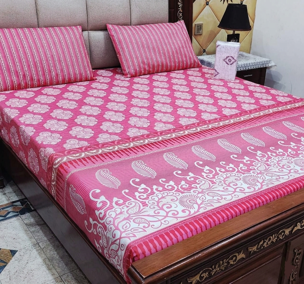 Bright Pink Paisley Bedspread with Striped Pillows – 3-Piece Cotton Set